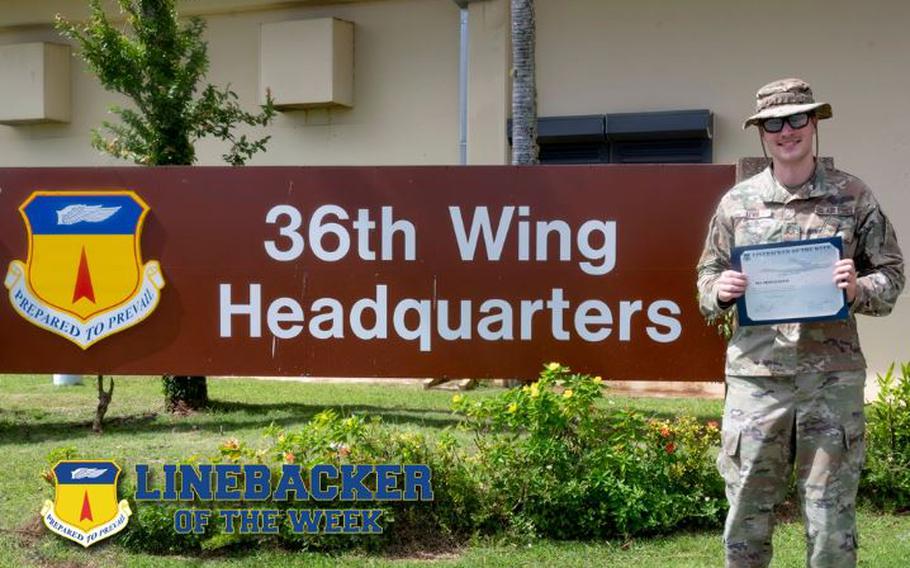 U.S. Air Force Senior Airman Tristan Lewis, a wing administrator for the 36th Wing, poses for a photo at Andersen Air Force Base, Guam, Nov. 29, 2023. The Team Andersen Linebacker of the Week recognizes outstanding enlisted, officer, civilian and total force personnel who have had an impact on achieving Team Andersen’s mission, vision and priorities. (U.S. Air Force photo illustration by Senior Airman Emily Saxton)