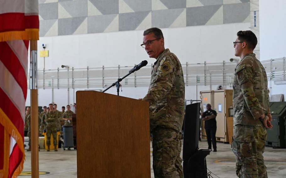 U.S. Air Force Brig. Gen. Thomas Palenske speaks during the 36th Wing change of command ceremony, at Andersen Air Force Base, Guam, May 22, 2025. Palenske thanked the service members who have been at the forefront of defending the Pacific region, while also recognizing the magnitude of what was accomplished by the 36th Wing over the past two years.