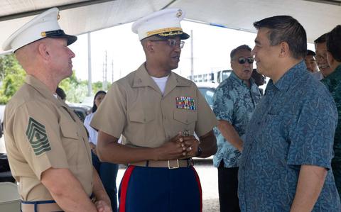 Photo Of U.S. Marine Corps Col. Richard D. Marshall Jr., commanding officer of Marine Corps Base Camp Blaz, and Master Gunnery Sgt. Christopher Krivenko, acting senior enlisted advisor of MCB Camp Blaz, speak with The Honorable Anthony Ada, Guam legislature vice speaker.