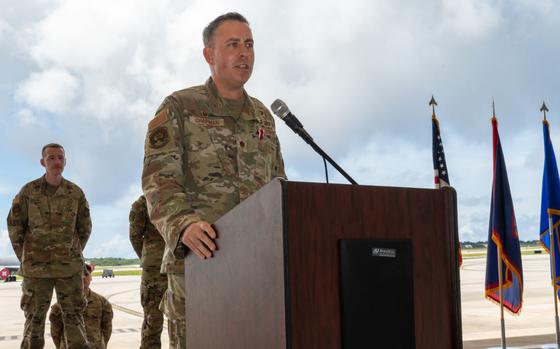 Photo Of U.S. Air Force Maj. Ryan Chapman, 36th Munitions Squadron commander, gave his his final speech as 36th Munitions Squadron commander during a change of command ceremony at Andersen Air Force Base, Guam, June 5, 2024. 