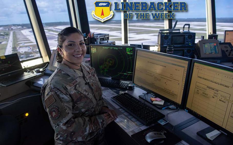 U.S. Air Force Tech Sgt. Omega Guzman senior watch supervisor for the Air Traffic Control Tower with the 36th Operation Support Squadron, inspects a bomb lift to check for imperfections at Andersen Air Force Base, Guam, Sept. 28, 2022. Guzman leads and mentors 14 Airmen, manages tower cab, communications equipment, radar, and lighting system valued at $10M. (U.S. Air Force photo illustration by A1C Allison)