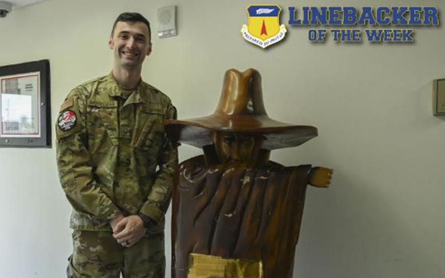 U.S. Air Force Staff Sgt. Kyle Hasselman, noncommissioned officer in charge of intelligence training assigned to the 36th Operations Support Squadron, poses for a photo at Andersen Air Force Base, Guam, Feb. 9, 2023. The Team Andersen Linebacker of the Week recognizes outstanding enlisted, officer, civilian and total force personnel who have had an impact on achieving Team Andersen’s mission, vision and priorities. (U.S. Air Force photo illustration by Airman 1st Class Breanna Christopher Volkmar)