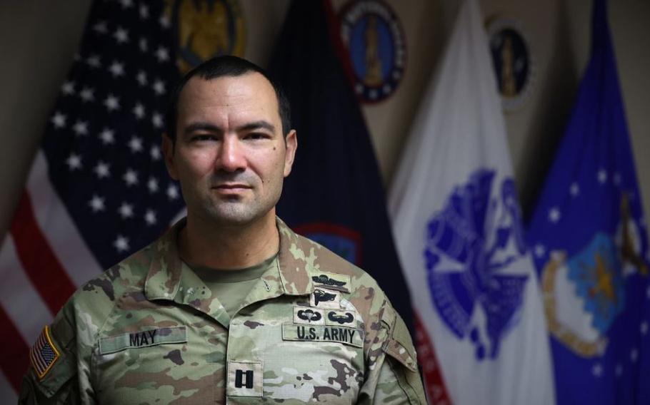 U.S. Army Capt. Greg May of the Guam National Guard displays his recently earned Pathfinder Badge at Joint Force Headquarters Guam, April 2, 2024. May volunteered for Pathfinder School with two days’ notice and despite a series of retests, beat the odds earning the honorary title of “Blade Runner.”