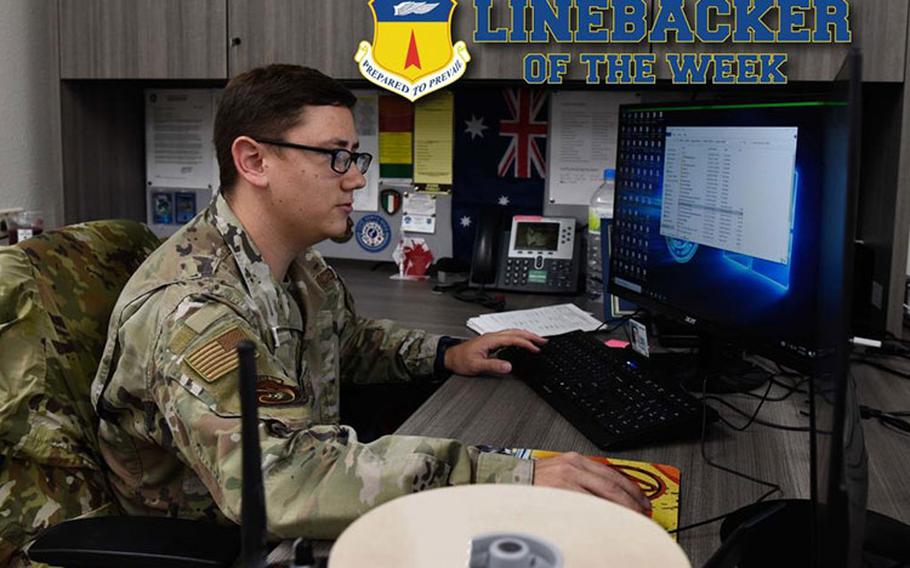 U.S. Air Force Staff Sgt.Travis Javier, the non commissioned officer in charge of programs with the 36th Maintenance Squadron, types on his computer at Andersen Air Force Base, Guam, Sept. 7, 2022. Javier monitors, updates and briefs the squadron and group commander on the readiness of the units’ vehicles and status to maintain mission essential listing. (U.S. Air Force photo illustration by Airman 1st Class Allison Martin)