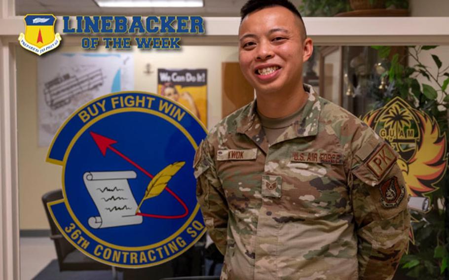 U.S. Air Force Staff Sgt. James Kwok, the noncommissioned officer in charge of quality assurance assigned to the 36th Contracting Squadron, poses for a photo at Andersen Air Force Base, Guam, Aug. 16, 2023. The Team Andersen Linebacker of the Week recognizes outstanding enlisted, officer, civilian and total force personnel who have had an impact on achieving Team Andersen’s mission, vision and priorities. (U.S. Air Force photo by Airman 1st Class Emily Saxton)