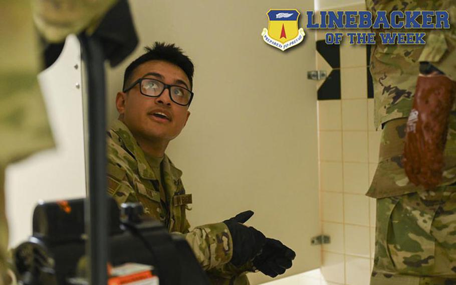 U.S. Air Force Staff Sgt. Jose Lara, a water and fuel systems maintenance supervisor assigned to the 36th Civil Engineer Squadron, demonstrates how to drain a pipe at Andersen Air Force Base, Guam, Jan. 12, 2023. The Team Andersen Linebacker of the Week recognizes outstanding enlisted, officer, civilian and total force personnel who have had an impact on achieving Team Andersen’s mission, vision and priorities. (U.S. Air Force photo illustration by Airman 1st Class Breanna Christopher Volkmar)