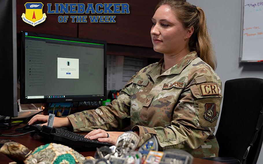 U.S. Air Force Tech. Sgt. Analise Gwin, the noncommissioned officer in charge of the commander’s support staff assigned to the 36th Contingency Response Support Squadron, works on her computer at Andersen Air Force Base, Guam, Dec. 2, 2022. As the NCOIC of CSS, Gwin is the principal advisor to the commander, first sergeant and senior enlisted leader for evaluations, awards and decorations, and personnel programs. (U.S. Air Force photo illustration by Airman 1st Class Emily Saxton)