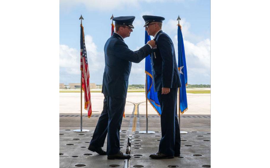 U.S. Air Force Brig. Gen. Thomas Palenske, 36th Wing Commander, pins a decoration on Col. James Hendrickson, 36th Maintenance Group commander, during the 36th Maintenance Group Change of Command at Andersen Air Force Base, Guam, June 5, 2024. 