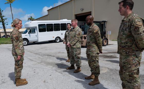 Photo Of U.S. Air Force Lt. Gen. Laura Lenderman, left, Pacific Air Forces deputy commander, talks to Airmen assigned to the 36th Logistics Readiness Squadron during a tour at Andersen Air Force Base, Guam, June 13, 2024.