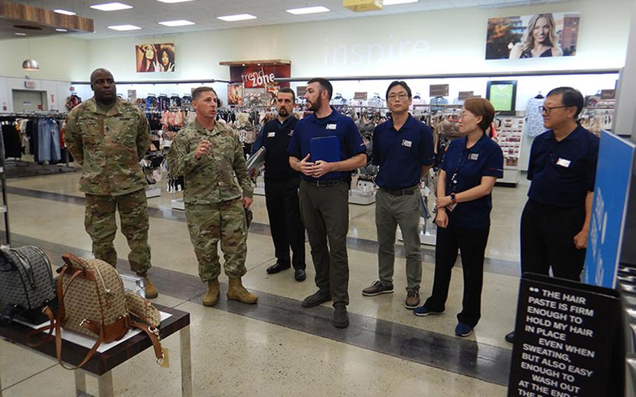 Col. Scott Maskery, AAFES Pacific Region commander and Sgt. Maj. Jermaine Thomas, former AAFES Pacific Region’s senior enlisted advisor, received a main store operations briefing and thanked the Osan Exchange team for providing exceptional service to the Service Members and their families who are stationed in the Republic of Korea during their site-visit in October 2019. (U.S. Army Photo by Sgt. 1st Class Luke Graziani)