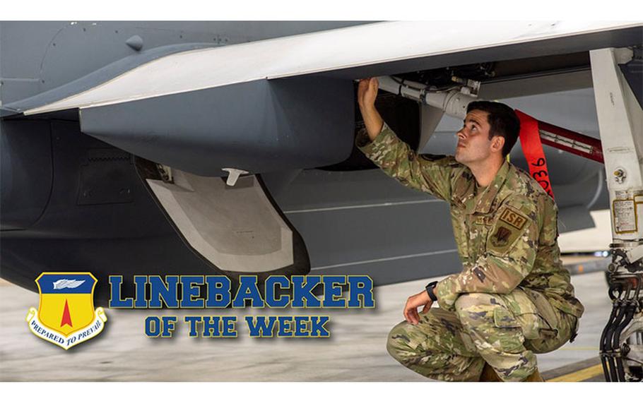 U.S. Air Force Staff Sgt. Alexander Miller, a RQ-4 Global Hawk dedicated crew chief with the 4th Reconnaissance Squadron, inspects a RQ-4 Global Hawk drone at Andersen Air Force Base, Guam, Mar. 1, 2022. The Team Andersen Linebacker of the Week recognizes outstanding enlisted, officer, civilian and total force personnel who have had an impact on achieving Team Andersen’s Mission, Vision and Priorities. (U.S. Air Force photo illustration by Staff Sgt. Ryan Brooks)