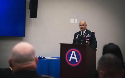 Photo Of Col. Pedro A. Camacho, U.S. Army Central’s G39 Directorate Air and Missile Defense Operations Officer, gives closing remarks during his retirement ceremony.