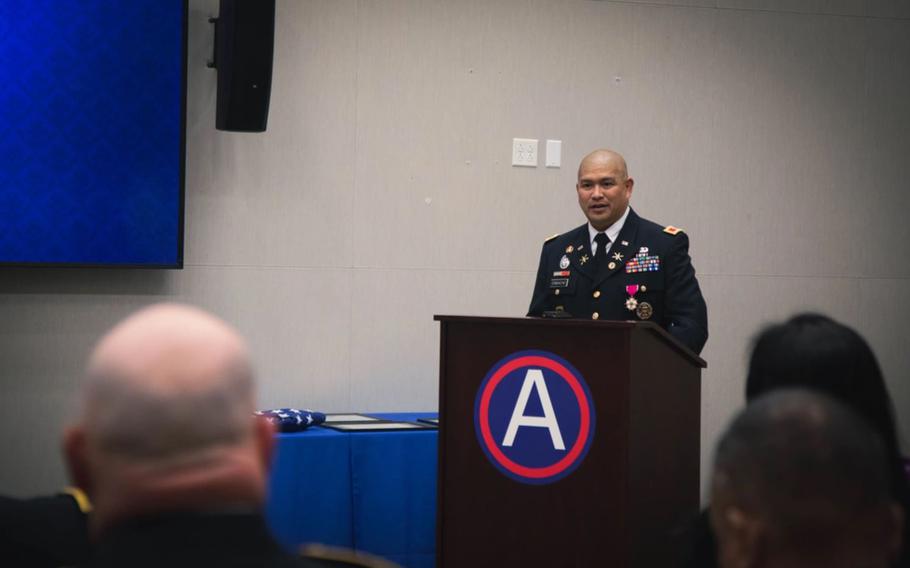 Col. Pedro A. Camacho, U.S. Army Central’s G39 Directorate Air and Missile Defense Operations Officer, gives closing remarks during his retirement ceremony.