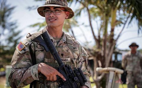 Photo Of U.S. Army Spc. Christian Ferrara, assigned to Task Force Talon, pulls security during a congressional staff delegation visit, Guam.