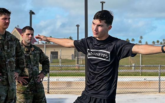 U.S. Air Force Senior Airman Christopher Bennett, 736th Security Forces Squadron Commando Warrior Regional Training Center instructor, gives intrusions during a jungle training course at Andersen Air Force Base, Guam.