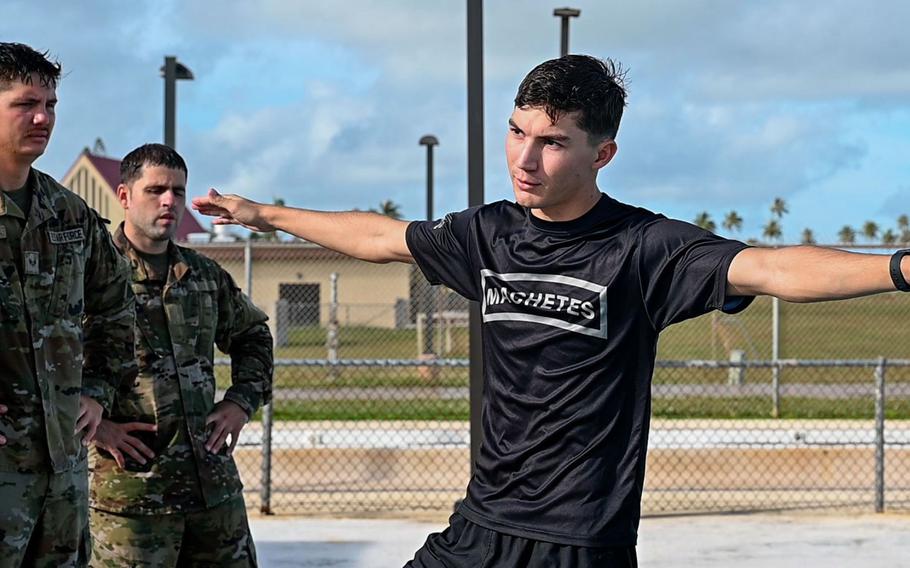 U.S. Air Force Senior Airman Christopher Bennett, 736th Security Forces Squadron Commando Warrior Regional Training Center instructor, gives intrusions during a jungle training course at Andersen Air Force Base, Guam, Jan. 7,2025.