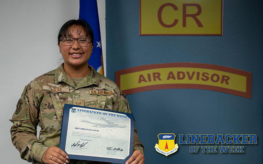 U.S. Air Force Staff Sgt. Christiana Salas, the noncommissioned officer in charge of intelligence operations assigned to the 36th Tactical Advisory Squadron, poses for a photo at Andersen Air Force Base, Guam, Aug. 2, 2023. The Team Andersen Linebacker of the Week recognizes outstanding enlisted, officer, civilian and total force personnel who have had an impact on achieving Team Andersen’s mission, vision and priorities. (U.S. Air Force photo by Airman 1st Class Emily Saxton)