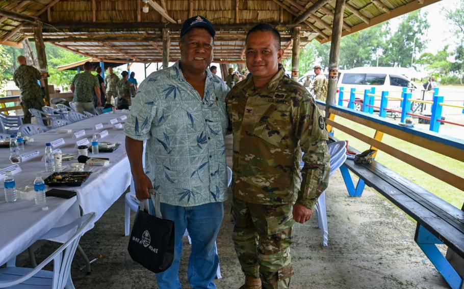 U.S. Army Col. Manny Duenas, Guam National Guard State Partnership Program director, poses with Governor Emais Roberts, Peleliu state government, at the Peleliu South Dock, Republic of Palau, Sept. 17, 2024.