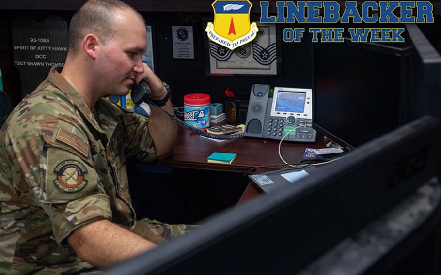 U.S. Air Force Tech. Sgt. Shawn Thomson, a 36th Maintenance Group security manager, coordinates flight line access at Andersen Air Force Base, Guam, Aug. 9, 2023. The Team Andersen Linebacker of the Week recognizes outstanding enlisted, officer, civilian and total force personnel who have had an impact on achieving Team Andersen’s mission, vision and priorities. (U.S. Air Force photo illustration by Senior Airman Jasmine M. Barnes)