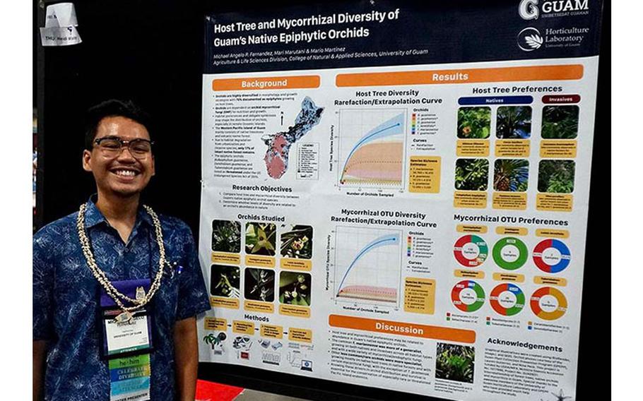 Michael Fernandez stands in front of his poster presentation on Guam’s native epiphytic orchids, which earned him one of 80 undergraduate awards at the SACNAS NDiSTEM Diversity Conference in October 2022 in Puerto Rico.