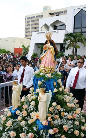 Each year the Santa Marian Kamelen statue is taken down from her niche in the Dulce Nombre de Maria Cathedral-Basilica in Hagåtña for the procession on the Feast of the Immaculate Conception.