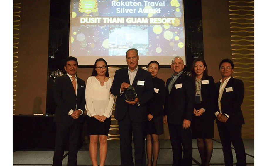 Dusit Thani Guam Resort accepts the Silver Award during the Rakuten Travel Awards ceremony held at Dusit Thani Guam Resort on March 19. Pictured from left: Rakuten General Manager International Sales Department Futoshi Habaya, Reservations Manager Miae Takabayashi, Director of Sales & Marketing Kenneth Hill, Director of Sales Miwa Bravo, Resident Manager Thomas Zaleski, Director of Revenue Jinny Hwang, Associate Director of Sales Gun Park.