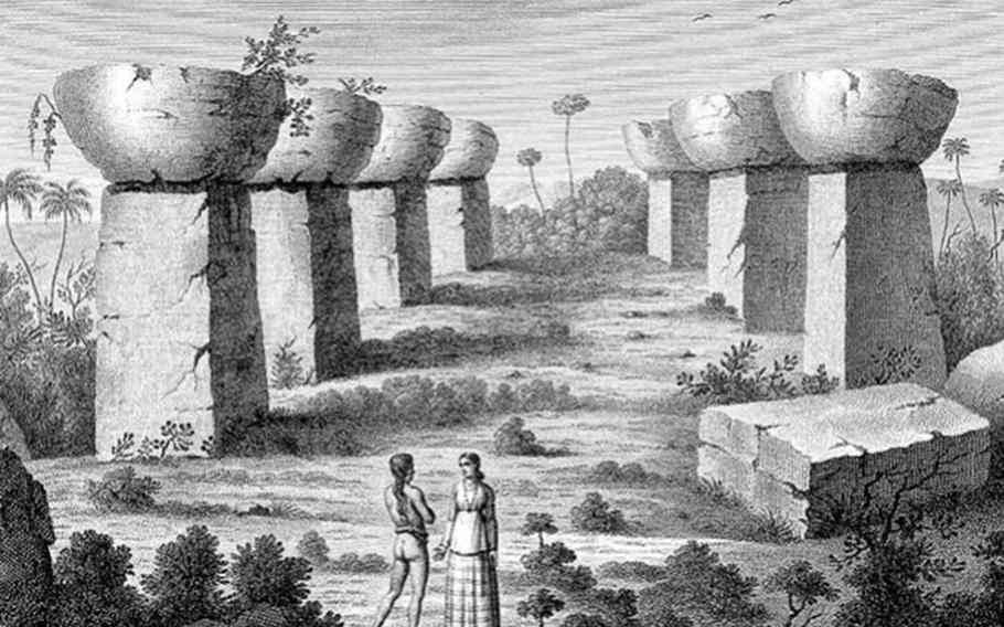 “Ancient Ruins of Columns Seen on the Island of Tinian.” Drawn by Jacques Arago for Freycinet’s Voyage Autour de Monde, Paris,1824. Courtesy of Guam Public Library System