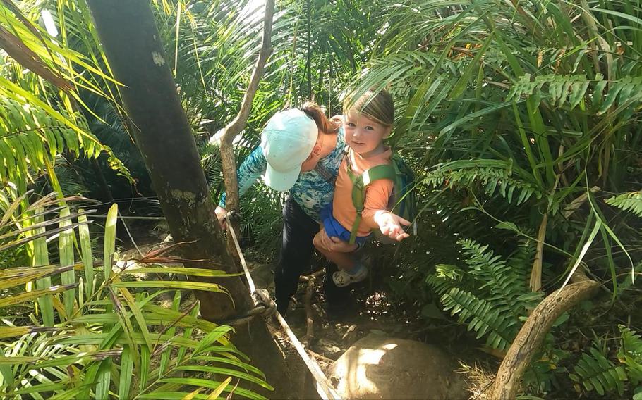 A rope-assisted descent on the San Carlos Falls trail.