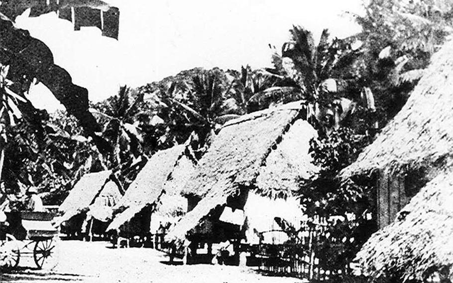 Figure 13. Pole and Thatch Homes. From the collection of the Richard Flores Taitano Micronesian Area Research Center.